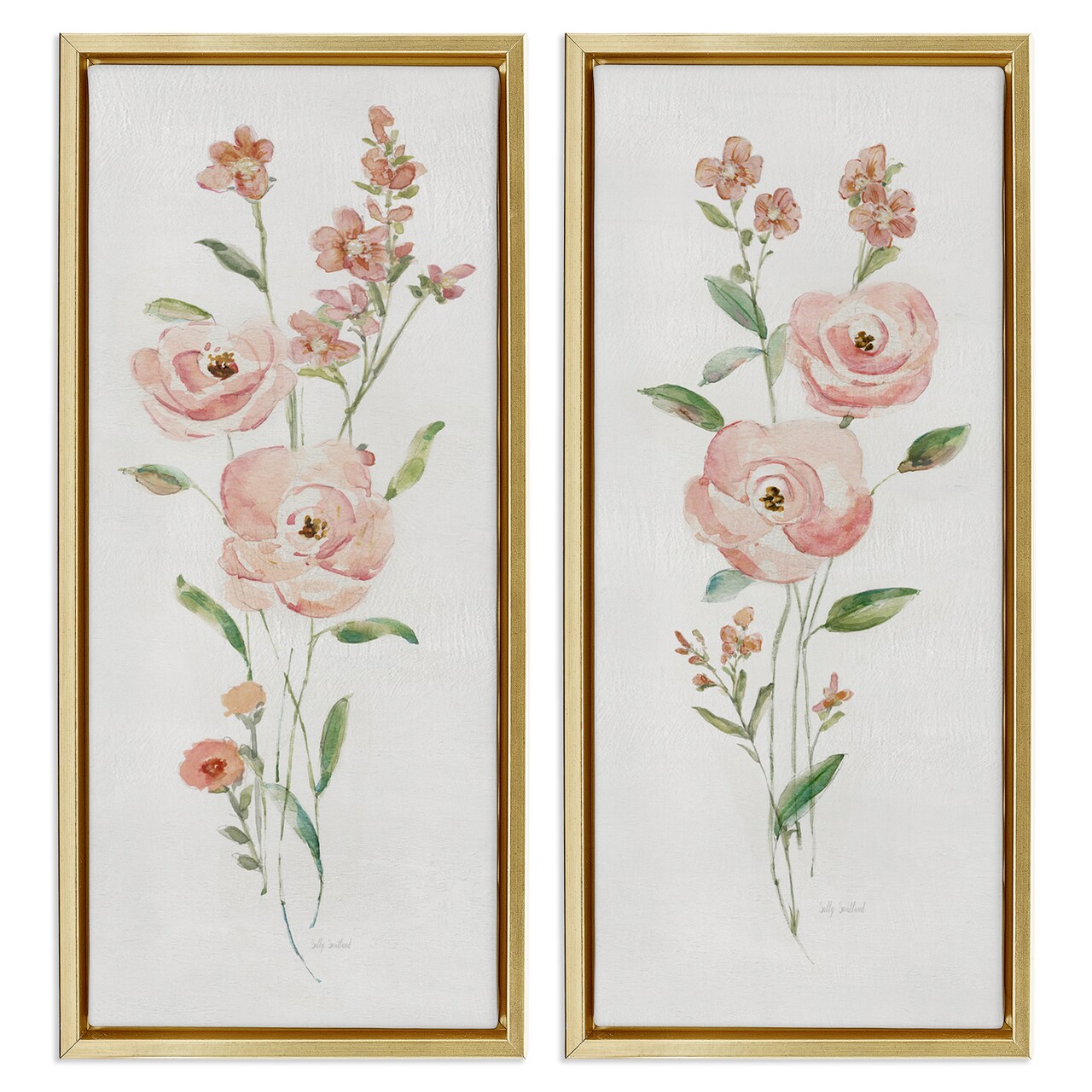 Stupell Industries Simple Pink Watercolor Flowers 2 pc Framed Floater Canvas Wall Art Set Design by Sally Swatland
